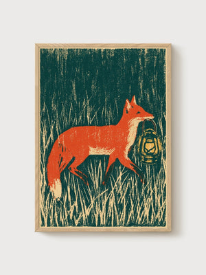Fox Art Print poster in oak frame