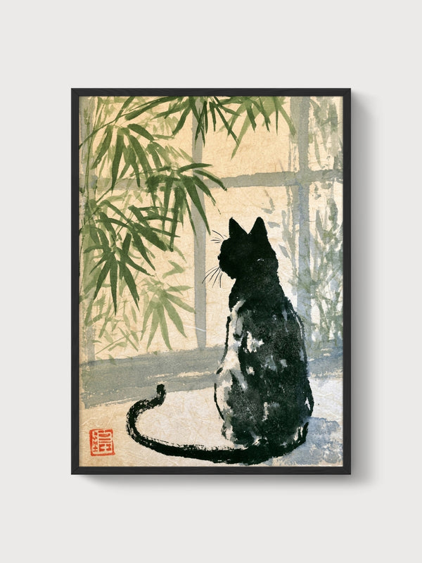Black Cat Japanese Art Print poster in black frame
