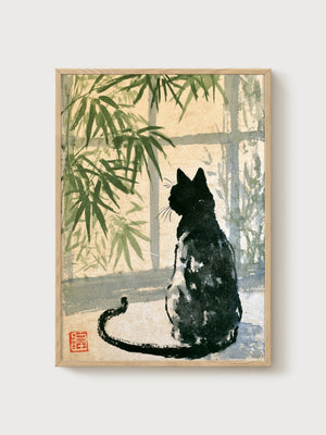 Black Cat Japanese Art Print poster in oak frame