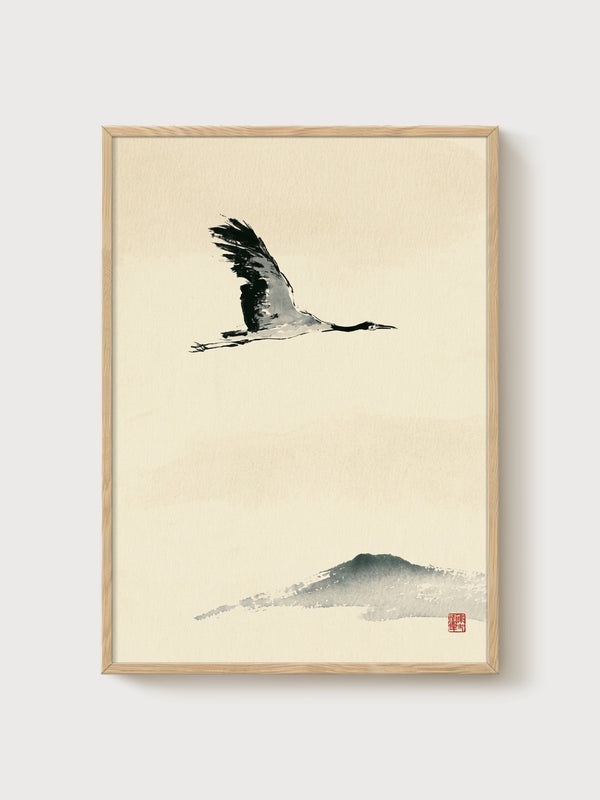 Crane Art Print poster in oak frame