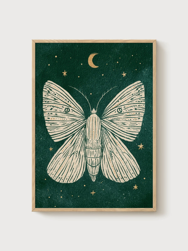 Moth Print poster in oak frame