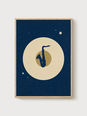 Saxophone Moon Poster poster in oak frame