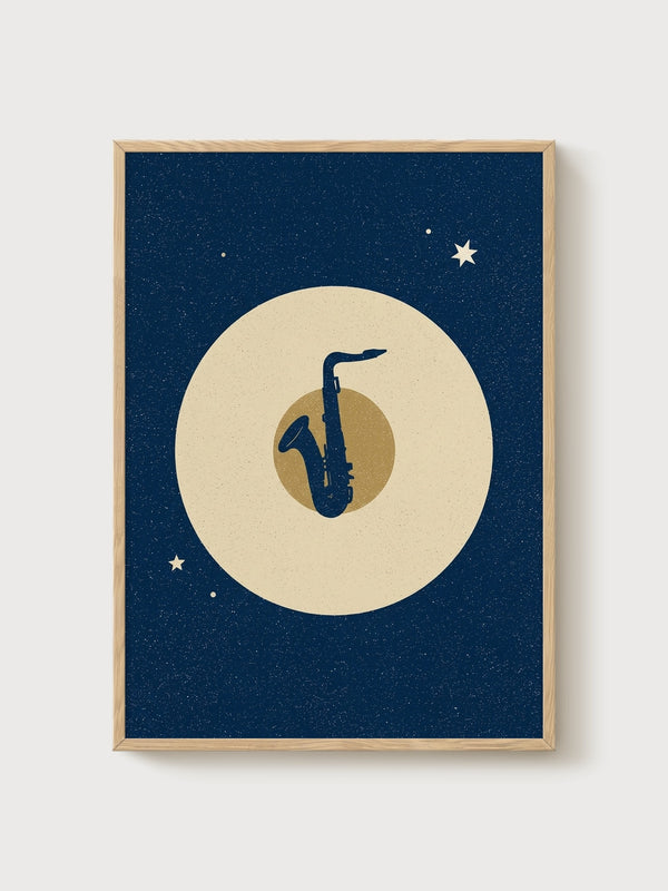 Saxophone Moon Poster poster in oak frame