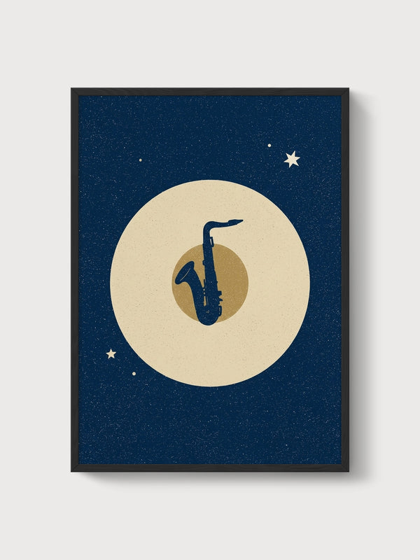 Saxophone Moon Poster poster in black frame