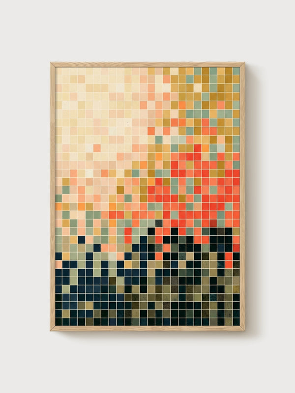 Abstract Pixel Grid Wall Art poster in oak frame