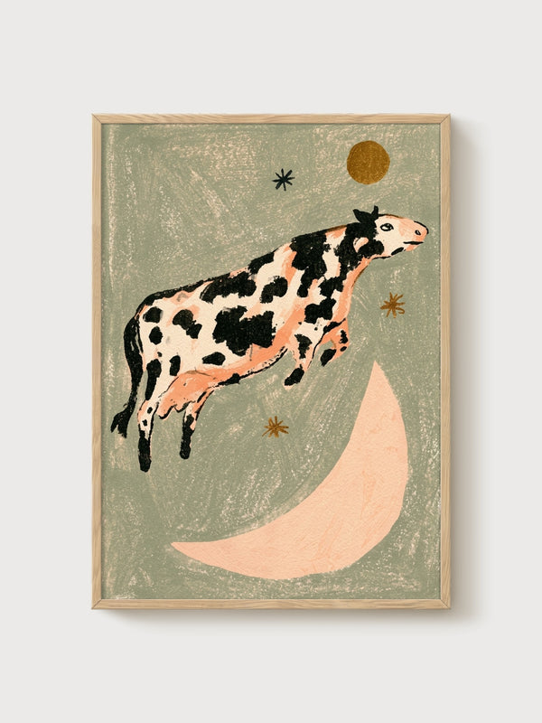 Cow Over the Moon Print poster in oak frame