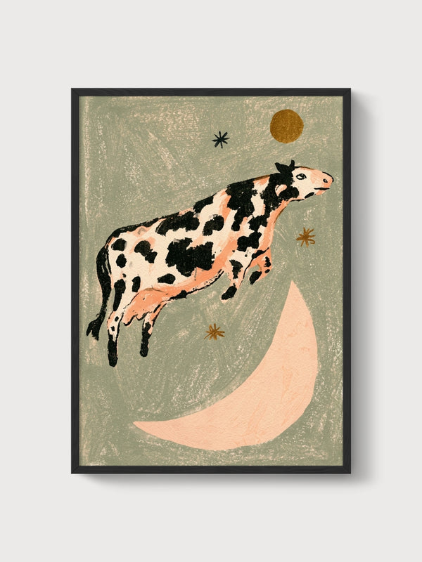 Cow Over the Moon Print poster in black frame