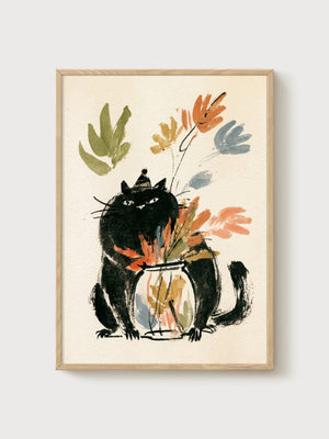 Black Cat Art Print poster in oak frame