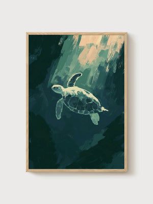 Sea Turtle Ocean Wall Art poster in oak frame