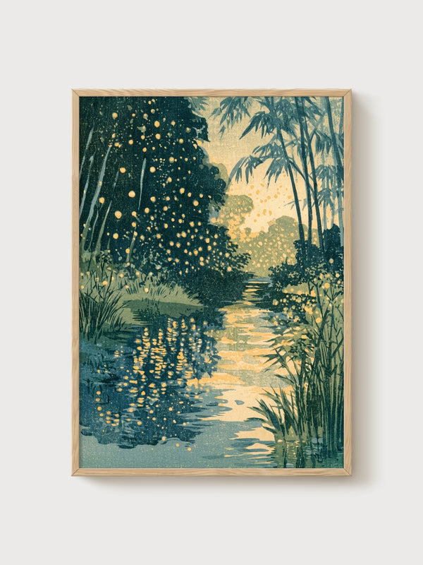Japanese Firefly Stream Print poster in oak frame