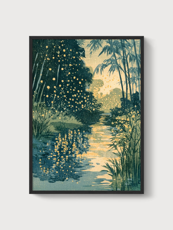 Japanese Firefly Stream Print poster in black frame