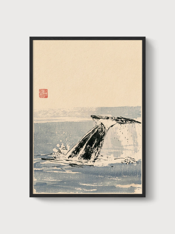 Whale Tail Ink Wash Painting poster in black frame