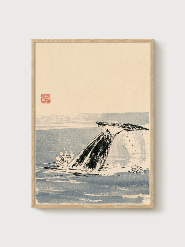 Whale Tail Ink Wash Painting poster in oak frame