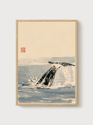 Whale Tail Ink Wash Painting poster in oak frame