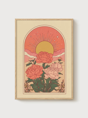 Peony Sunset Poster poster in oak frame