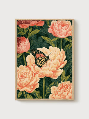 Monarch Butterfly Peony Print poster in oak frame