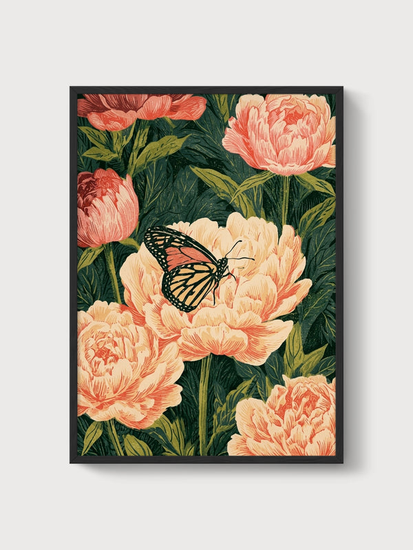 Monarch Butterfly Peony Print poster in black frame