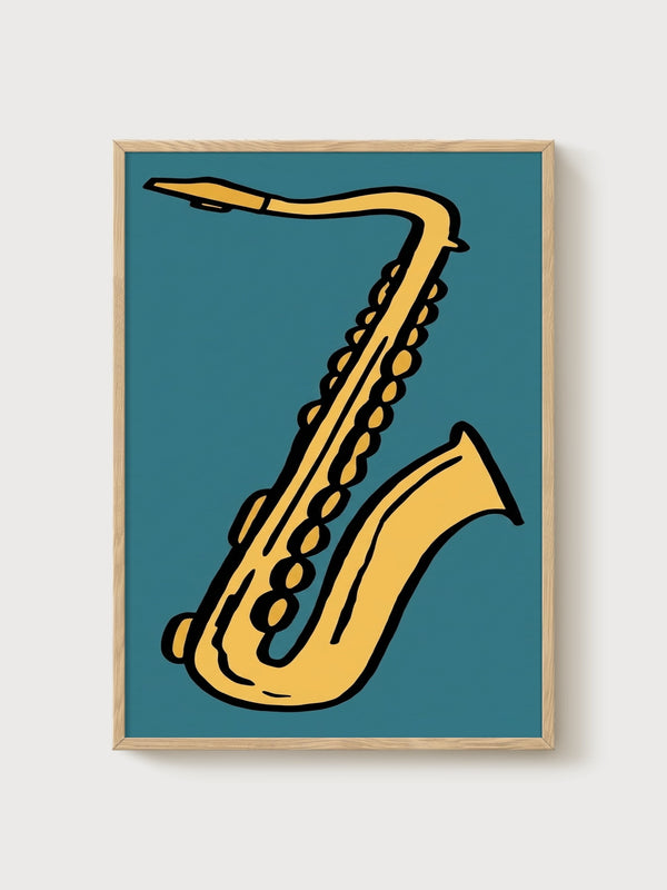 Saxophone Line Art Poster poster in oak frame