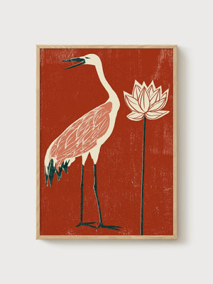 Crane and Lotus Flower Print poster in oak frame