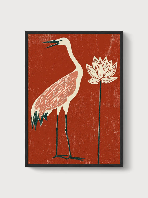 Crane and Lotus Flower Print poster in black frame