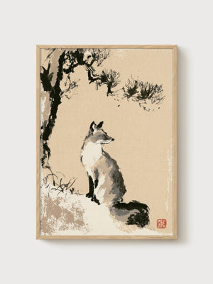 Fox Art Print poster in oak frame