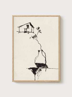 Ink Branch Line Art Print poster in oak frame