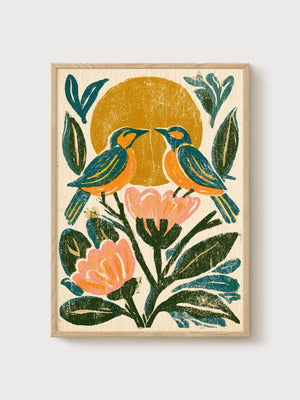 Folk Art Bird Print poster in oak frame