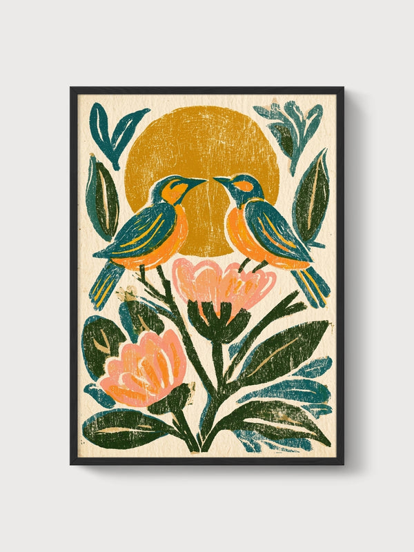 Folk Art Bird Print poster in black frame