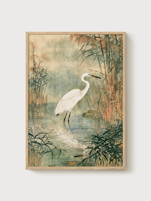 Blue Heron Wall Art poster in oak frame