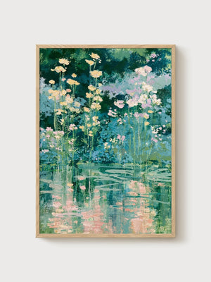 Watercolor Water Lily Pond Print poster in oak frame