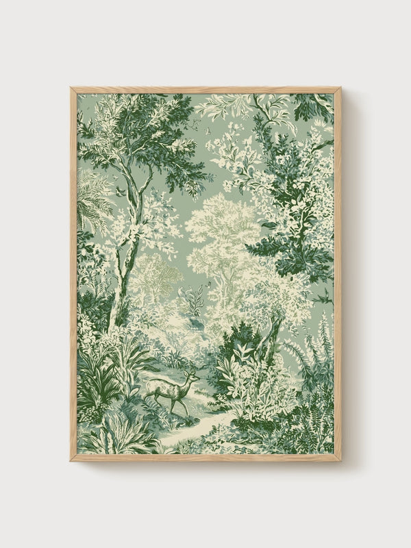 Vintage Toile Forest Wall Art poster in oak frame
