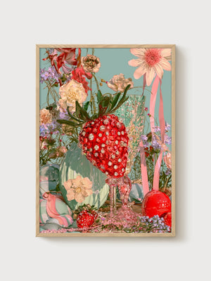 Strawberry Print poster in oak frame
