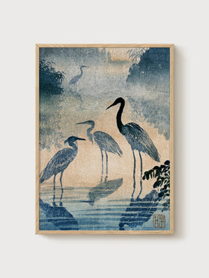 Blue Heron Wall Art poster in oak frame
