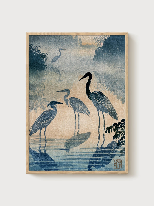 Blue Heron Wall Art poster in oak frame
