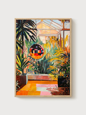 Disco Ball Greenhouse Painting poster in oak frame
