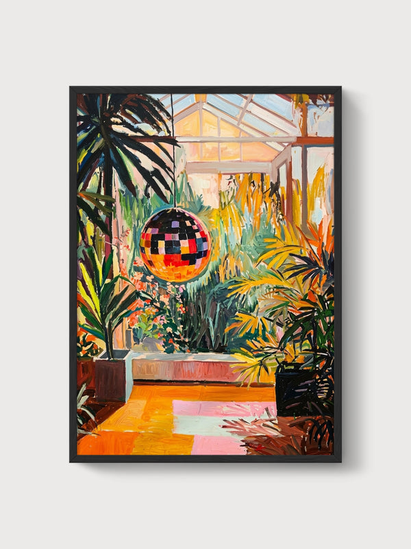 Disco Ball Greenhouse Painting poster in black frame