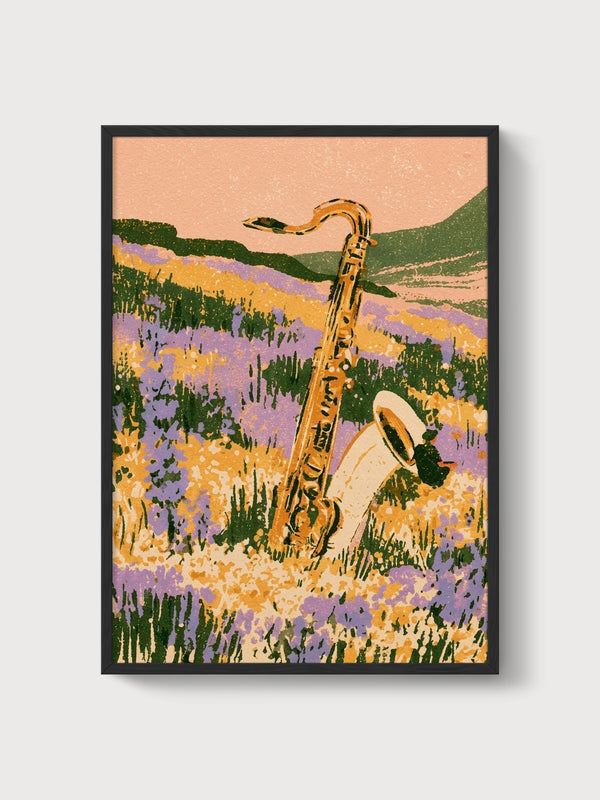 Retro Jazz Saxophone Landscape Print poster in black frame