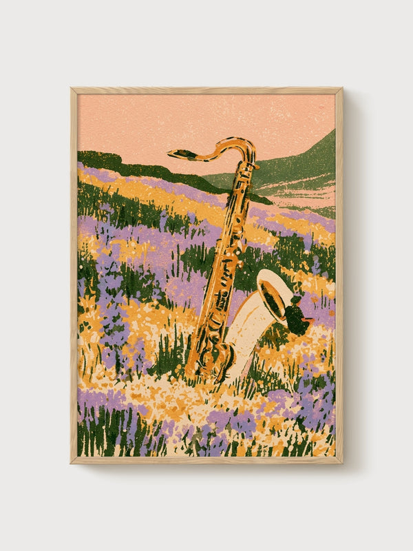 Retro Jazz Saxophone Landscape Print poster in oak frame