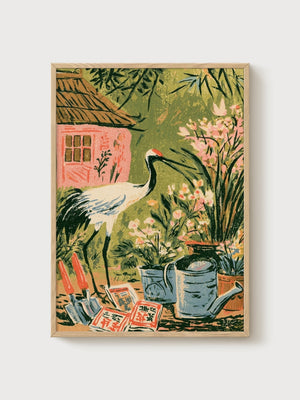 Crane Wall Art poster in oak frame