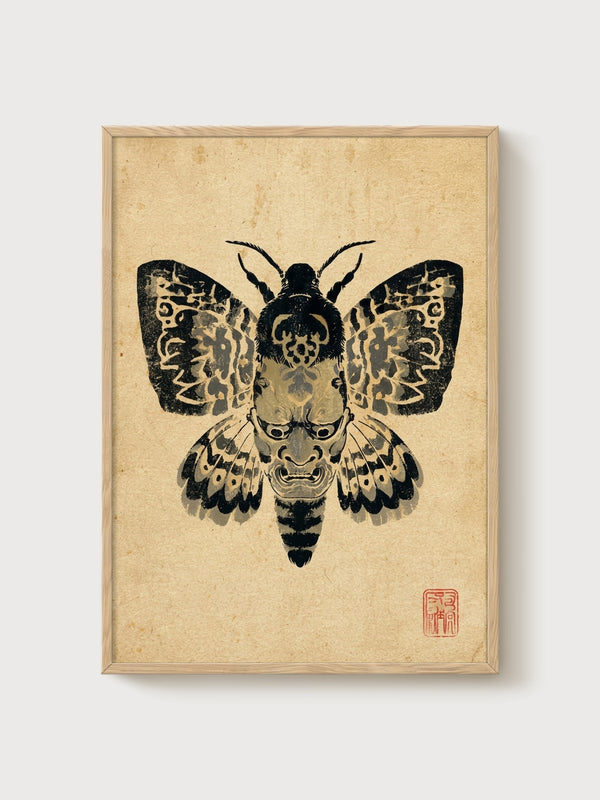 Noh Mask Moth Print poster in oak frame