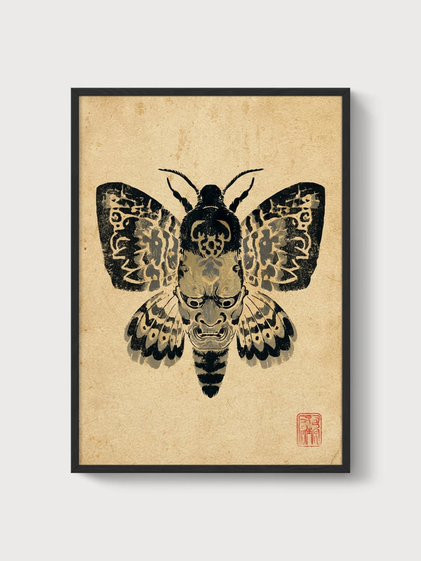 Noh Mask Moth Print poster in black frame