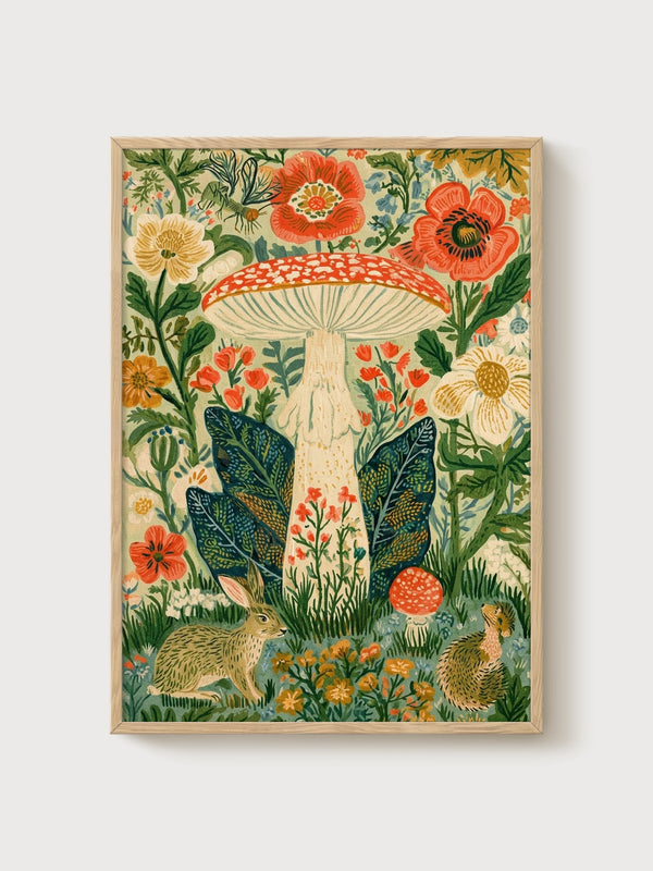 Mushroom Wall Art poster in oak frame