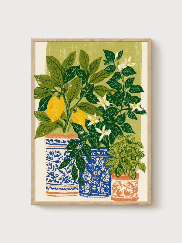 Lemon Wall Art poster in oak frame