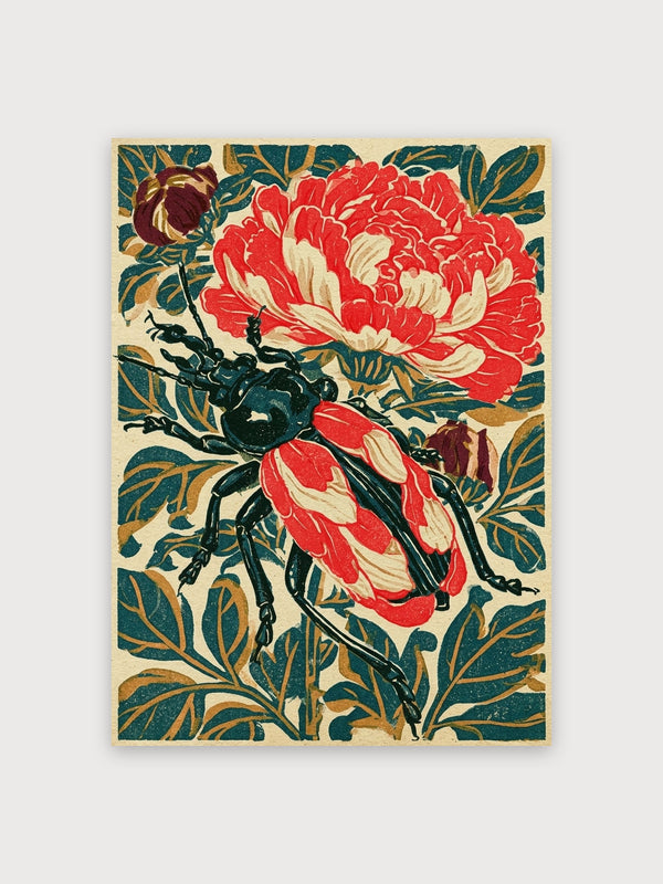 Art Nouveau Beetle Peony Botanical - Digital Download