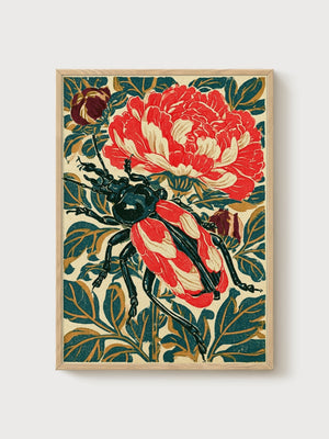 Art Nouveau Beetle and Peony Print poster in oak frame