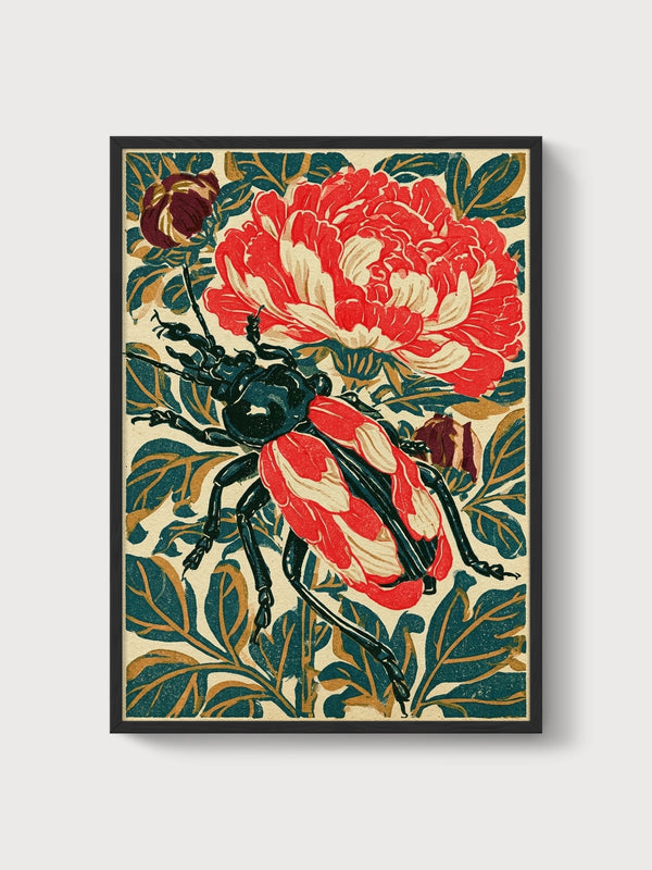 Art Nouveau Beetle and Peony Print poster in black frame