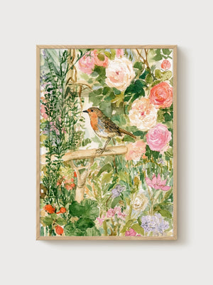 Robin Bird Watercolor Painting poster in oak frame