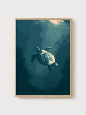 Sea Turtle Ocean Wall Art poster in oak frame