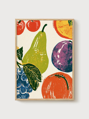 Retro Fruit Print poster in oak frame