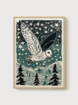Owl Wall Art poster in oak frame